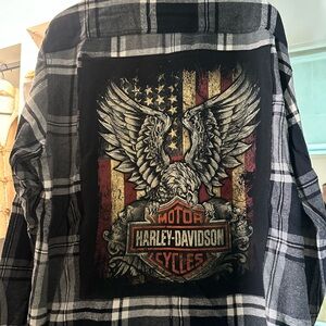 Modern Vintage Harley Davidson Black and Gray Plaid Shirt